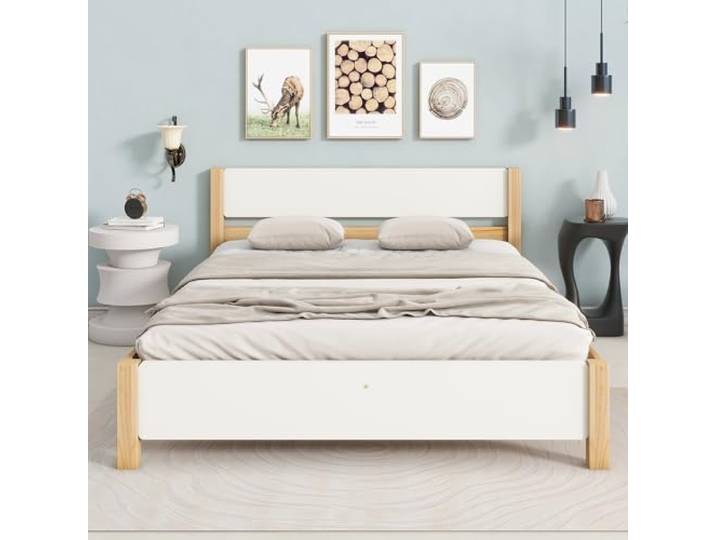 Merax Doppelbett, Holzbett, Kiefernholzrahmen mit Mittelfuß, Jugendbett, Erwachsenenbett, mit Kopf- und Fußteil aus MDF, Weiß + Natur, 140x200 cm (ohne Matratze)