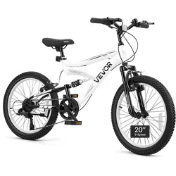 VEVOR Mountainbike 20 Zoll 6-Gang Fahrrad Kohlenstoffstahl mit Vollfederung für Freizeitfahrten in Parks und auf Radwegen, mit Verstellbarem Sattel, Klingel, Reflektoren, Lichthalterung und Bremsen