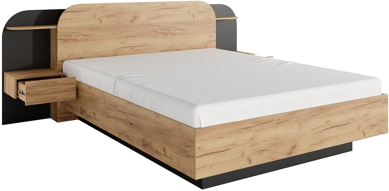 Vente-unique Bett mit Nachttischen 160 x 200 cm - Mit LEDs - Natur und Schwarz - JUVISIA