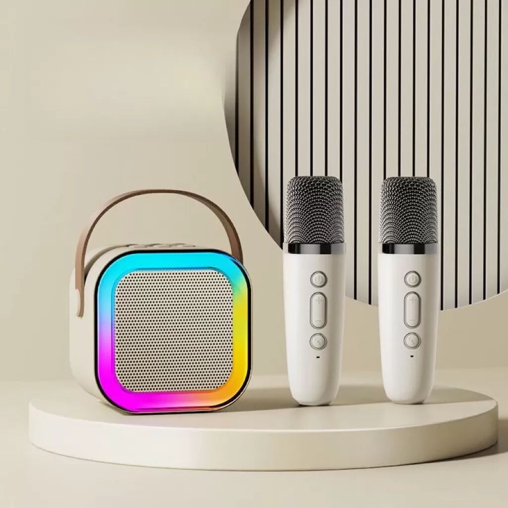 INF Tragbarer Bluetooth Karaoke Lautsprecher (Basic Edition) mit Dual-Mikrofonen und Lautsprecher Beige