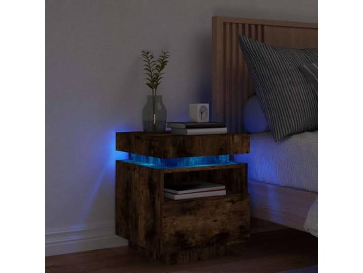 HEFZGDB Nachttisch mit LED-Leuchten Räuchereiche 40x39x48,5 cm RGB Beleuchtung und USB Anschluss Stauraum