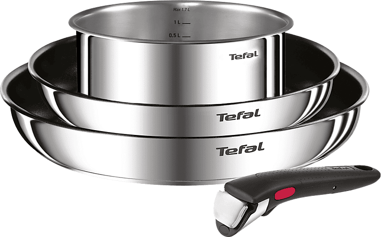 Set de sartenes - Tefal L881S4 Ingenio, 4 piezas, Mango extraíble, Revestimiento titanio antiadherente, Indicador calor, Acero Inox