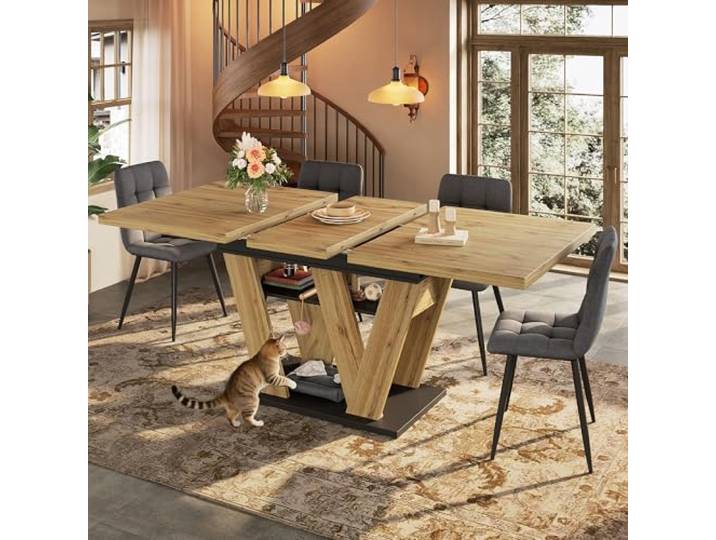 Merax Esstisch Teleskoptisch 119–158,5×80 cm, Ausziehbarer Küchentisch für 2–6 Personen, Holzfarbener Esstisch mit W-förmigen Beinen für Küche & Wohnzimmer