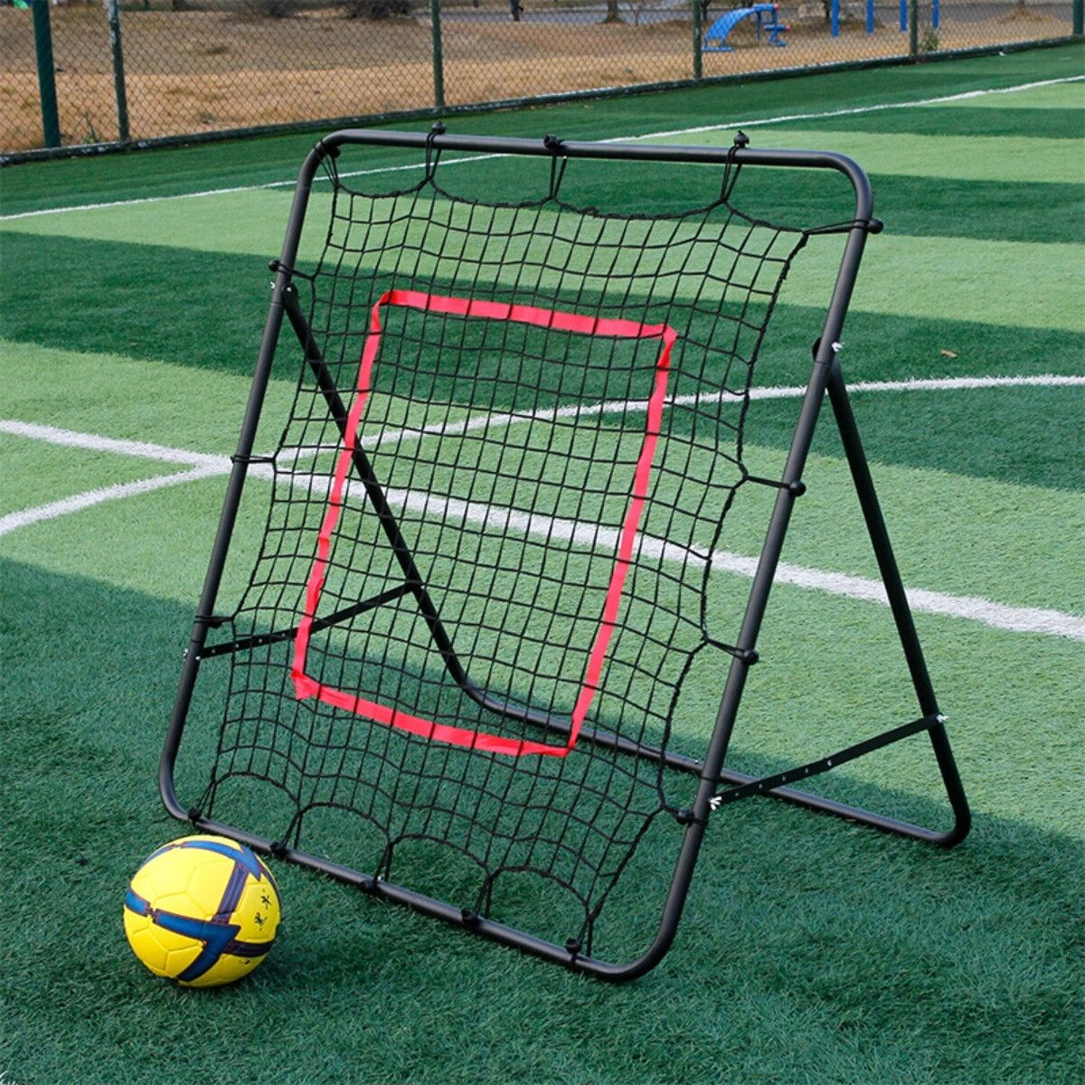 INF Fußball-Reboundernetz – Gusseisenrahmen, abnehmbar, tragbarer Trainer mit Polyethylengewebe und Bodenanker-Kompatibilität Rot