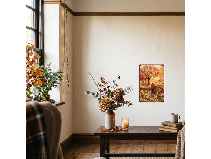 Metallbild QUEENCE Stahlschild, Blechschild Liebespaar im Herbst , bunt (farbe bild(er): gold,braun,gelb,beige), B:20cm H:30cm, Blech, Bilder, Metallbild, Wanddeko Herbst Winterzeit 20x30 cm inkl. Lochbohrungen