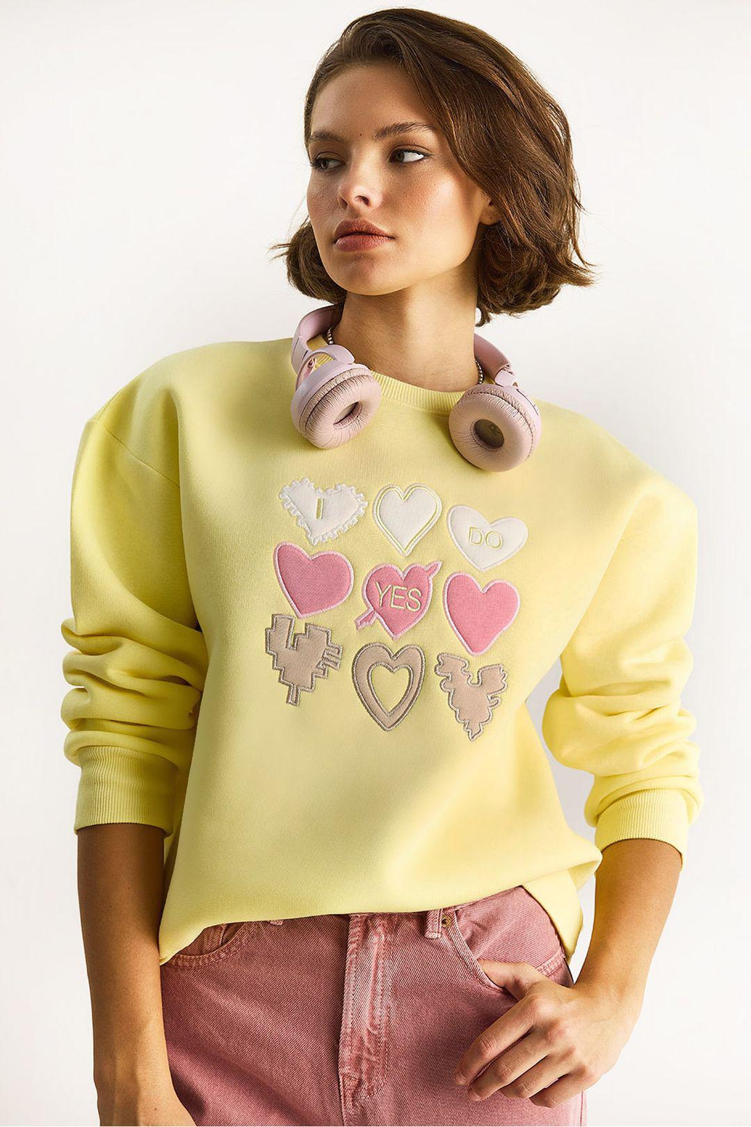 Herz-Patch-Applikation Lässiger Schnitt Rundhals Sweatshirt