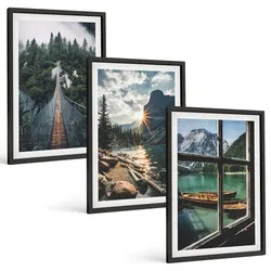 BILDER SET 3er Set - 40x60 cm Schwarzer Rahmen - Brücke, Wald, See, Boote, Berge