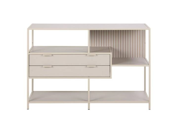 Trendstore Auroa Regal niedrig mit 2 Schubladen - in Grau oder Schwarz mit Eiche Nachbildung - Stahlgestell grau matt pulverbeschichtet Standregal, Raumteiler, niedrige Höhe, asymmetrisches Design, vielseitig und funktional, in Grau oder Schwarz mit Wildeiche Nachbildung Modern