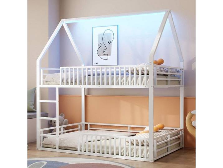 Lit cabane à étage 140x200 cm blanc – rambarde sécurisée et éclairage led pour chambre enfant