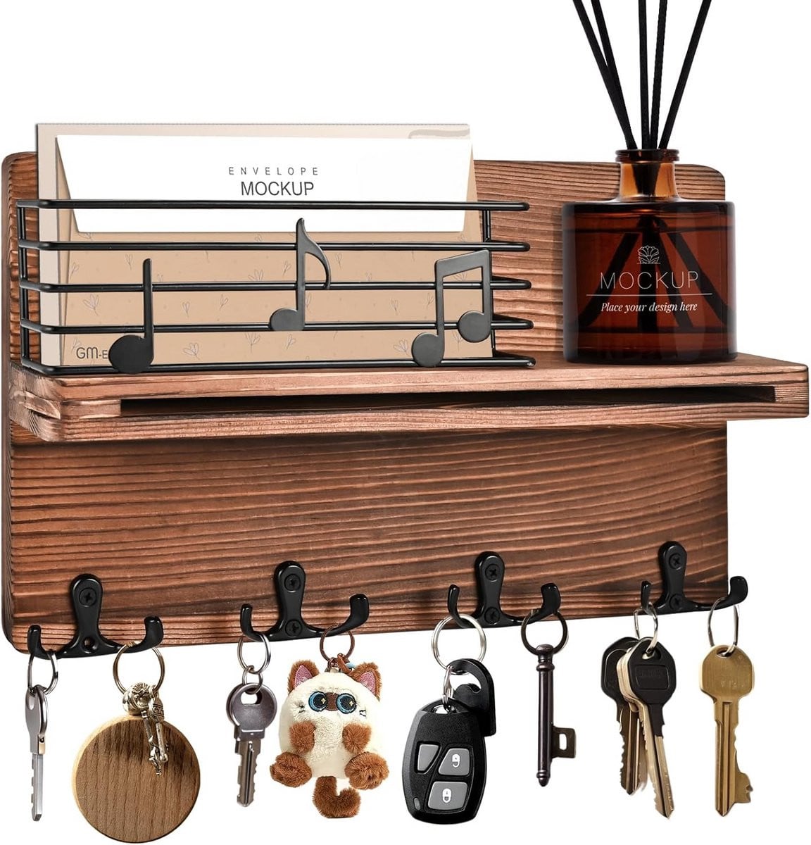 Decoratief Sleutelrek met Plank en Haken voor Wandmontage