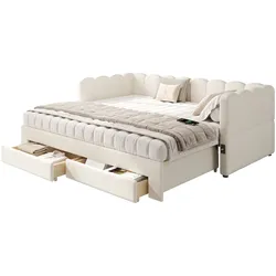 Merax Polsterbett Daybett 90x190cm, Sofabett & Tagesbett mit 2 Schubladen, ausziehbar auf 180cm, USB-Anschluss, Weiß Leinen
