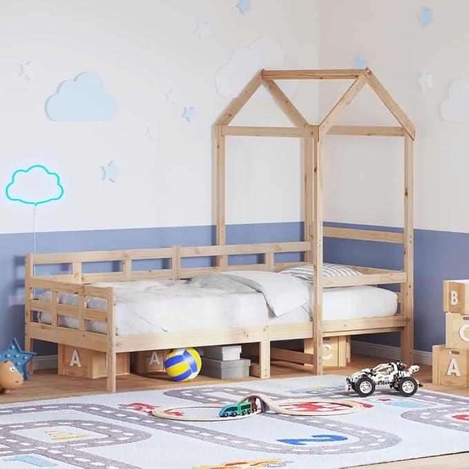 Kinderbett mit Dach 80x200 cm Massivholz Kiefer, multifunktionales Tagesbett mit Stauraum, geeignet für Schlafzimmer, Gästezimmer, Jugendzimmer, ideal als Sofa oder Schlafplatz