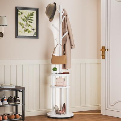 360° Rotating Hall Tree Coat Rack with Storage Shelves Multi-functional Standing Coat Rack for Entryway Living Room Bedroom