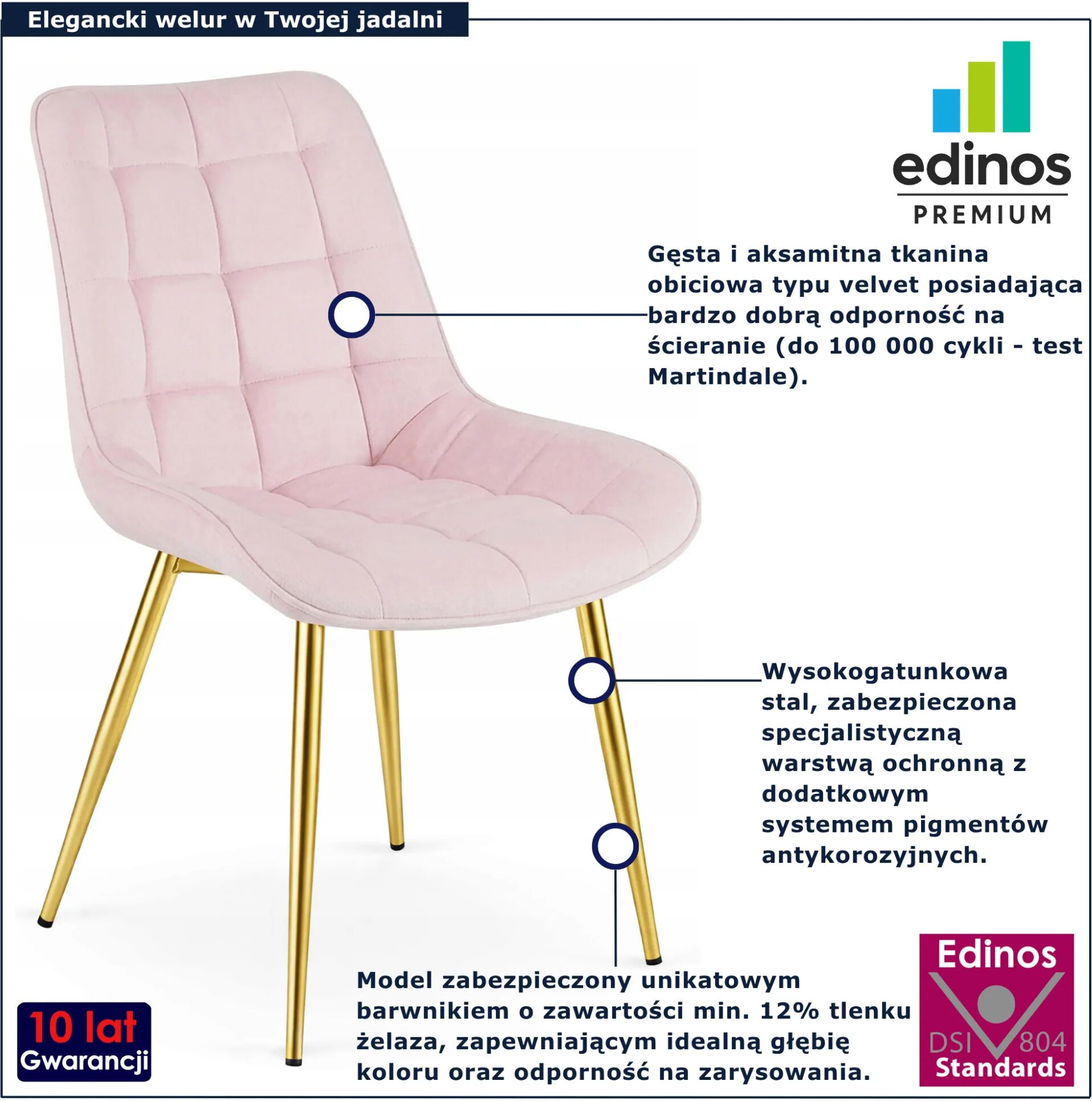 Edinos Premium Jasnoróżowe krzesło pikowane ze złotymi nogami M5-B99