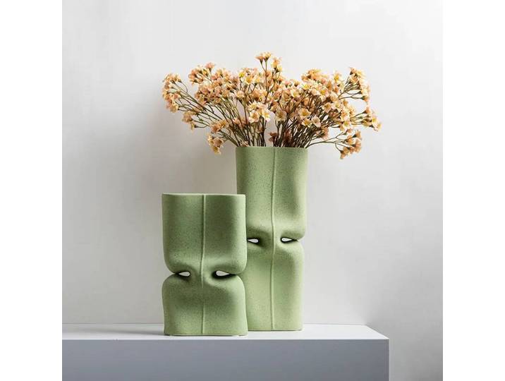 Vase en céramique vert, vase à fleurs plat abstrait creux, artisanat en céramique, vase à fleurs, terrarium, accessoires de décoration pour la maison