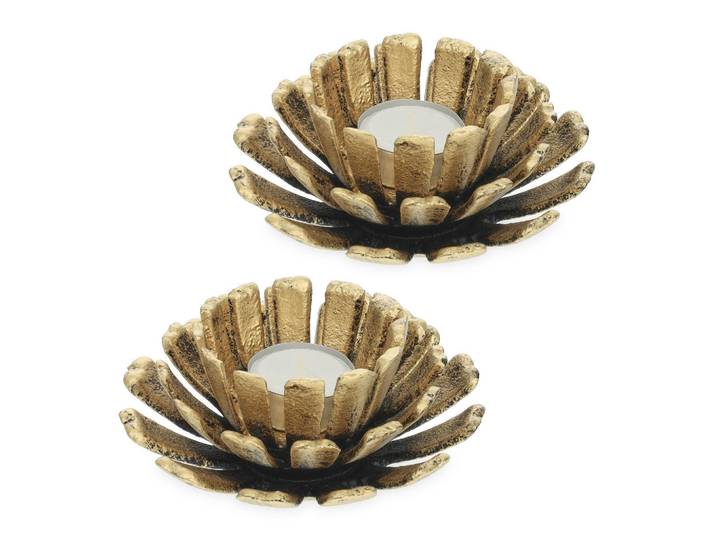 Relaxdays Teelichthalter Gold 2er-Set Gusseisen, Goldfarben, Metall, 6 cm, Dekoration, Kerzen & Kerzenhalter, Teelichthalter