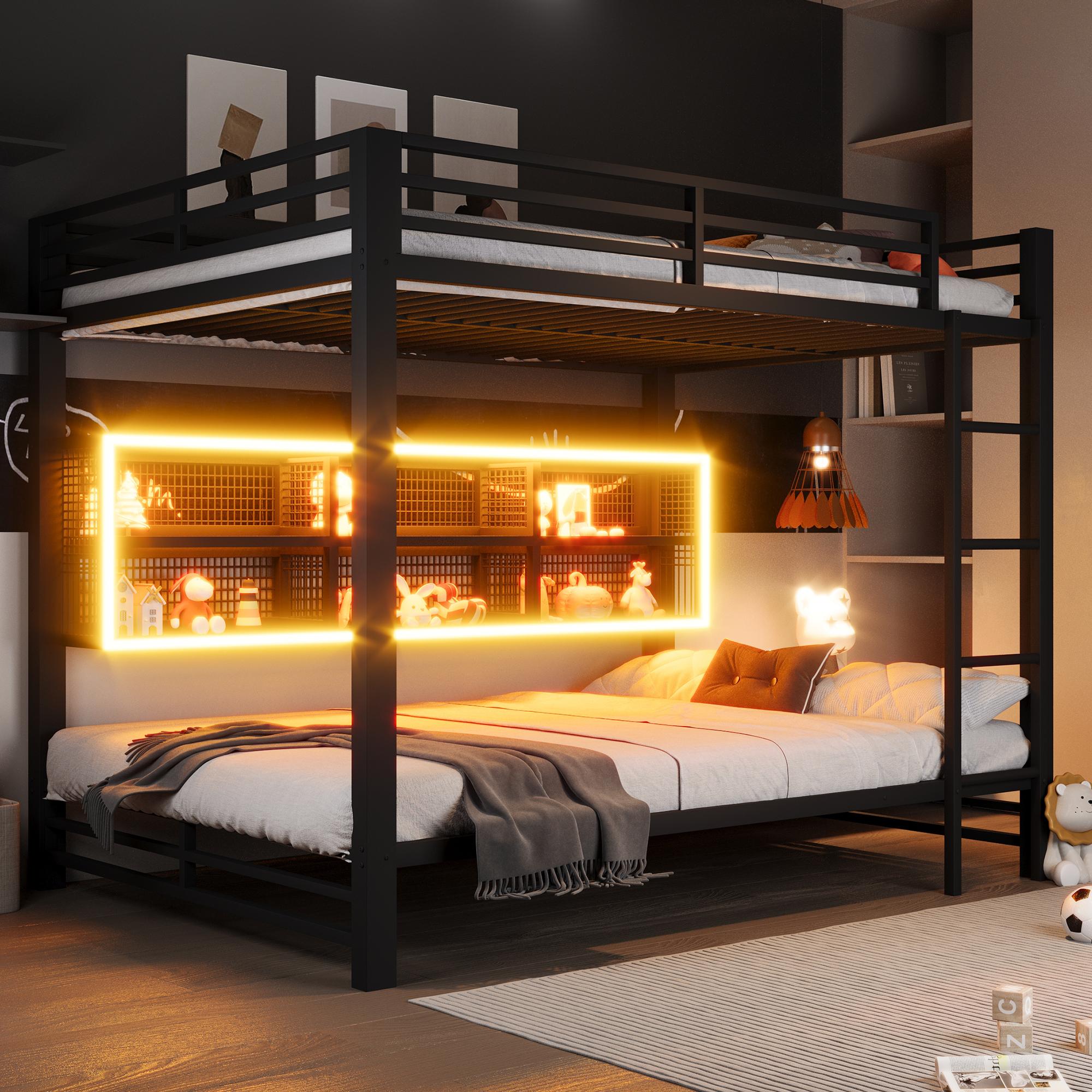 140x200 Etagenbett mit Stauraumschränken und LED-Licht, Schwarz