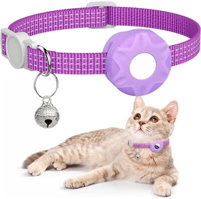 Inspired Living Reflective AirTag Cat Collar With Secure Holder & Safety Bell purple