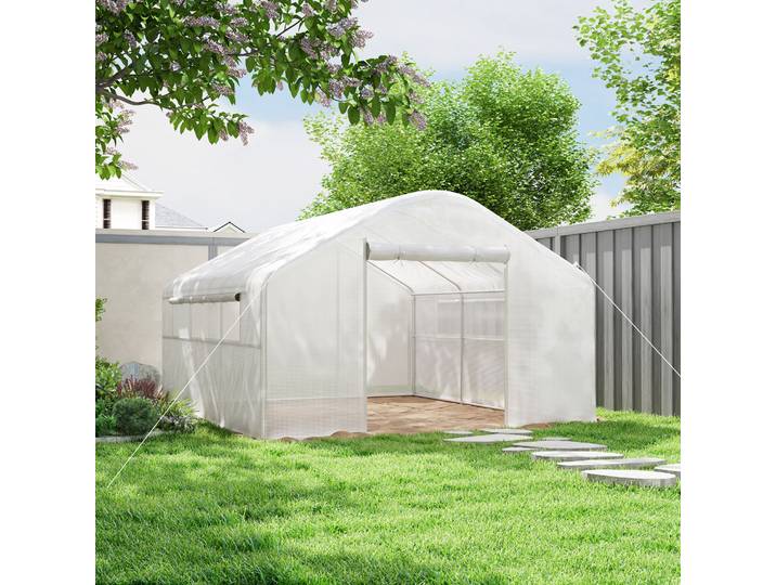 Outsunny Serre Tunnel 4x3x2m Blanc avec Portes et Fenêtres