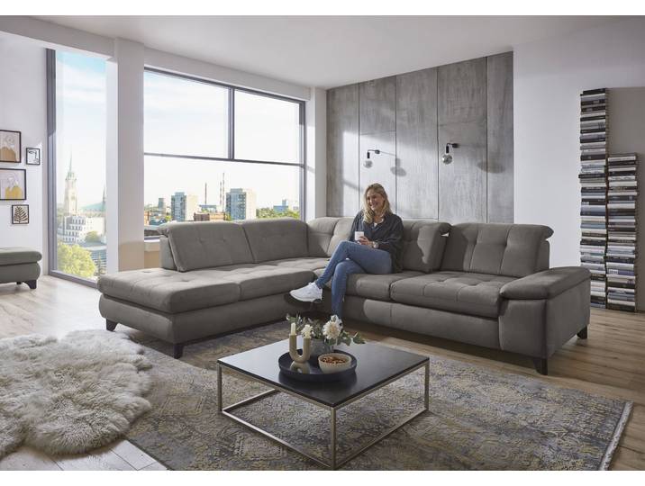 Ecksofa, 310x260 cm, Polyester, Grau, Federkern-Polsterung & Sitztiefenverstellung, Modern