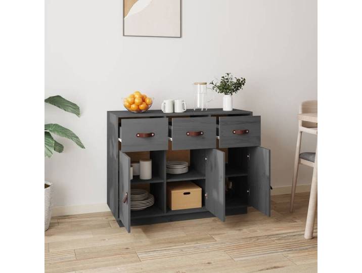 (12958)Commode - contemporain - Buffet rangement - Gris 100x40x75 cm Bois massif de pin poid:26.25 kg