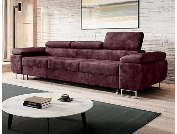 Easy4You Schlafsofa Norberg - 279 cm - Velour Kastanienbraun - 3 Sitzer Sofa - Werstellbare Kopfstützen - Couch mit Schlaffunktion - Stoff: Monolith M-69
