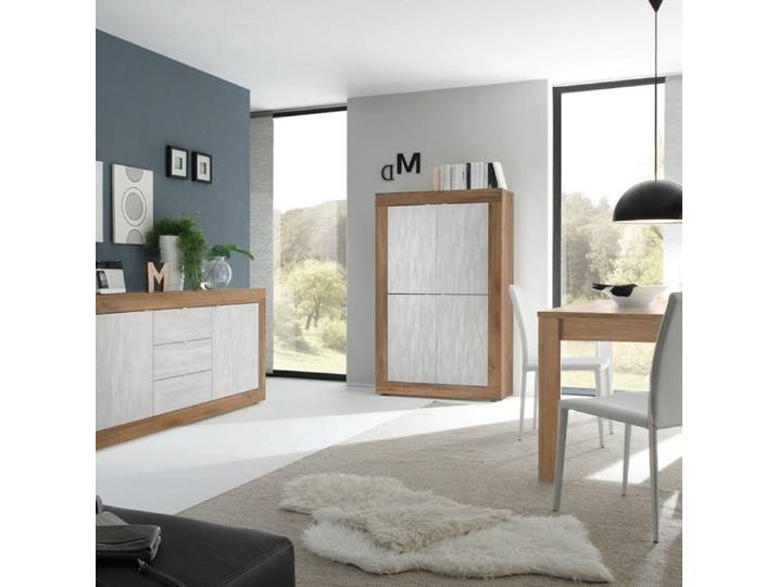 Ensemble Séjour Buffet 2 Portes 3 Tiroirs aspect bois finition Mercure façades blanc texturées - OTELLO