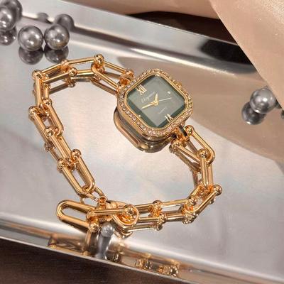 Youfap Market Creative Square Glass Bracelet Watch, Luxury Minimalist Quartz Chain Design green