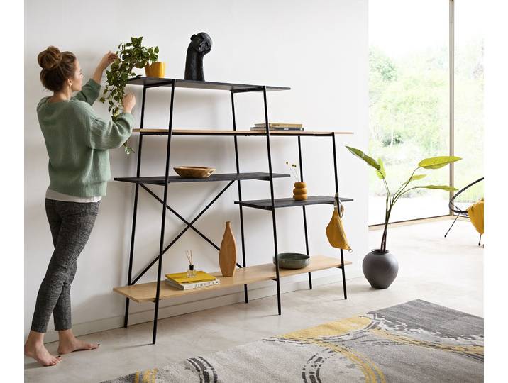 Bücherregal Mikkusu 185x160 cm Bambus Natur Mango Schwarz 5 Ablagen Metall Schwarz, Kommoden & Regale