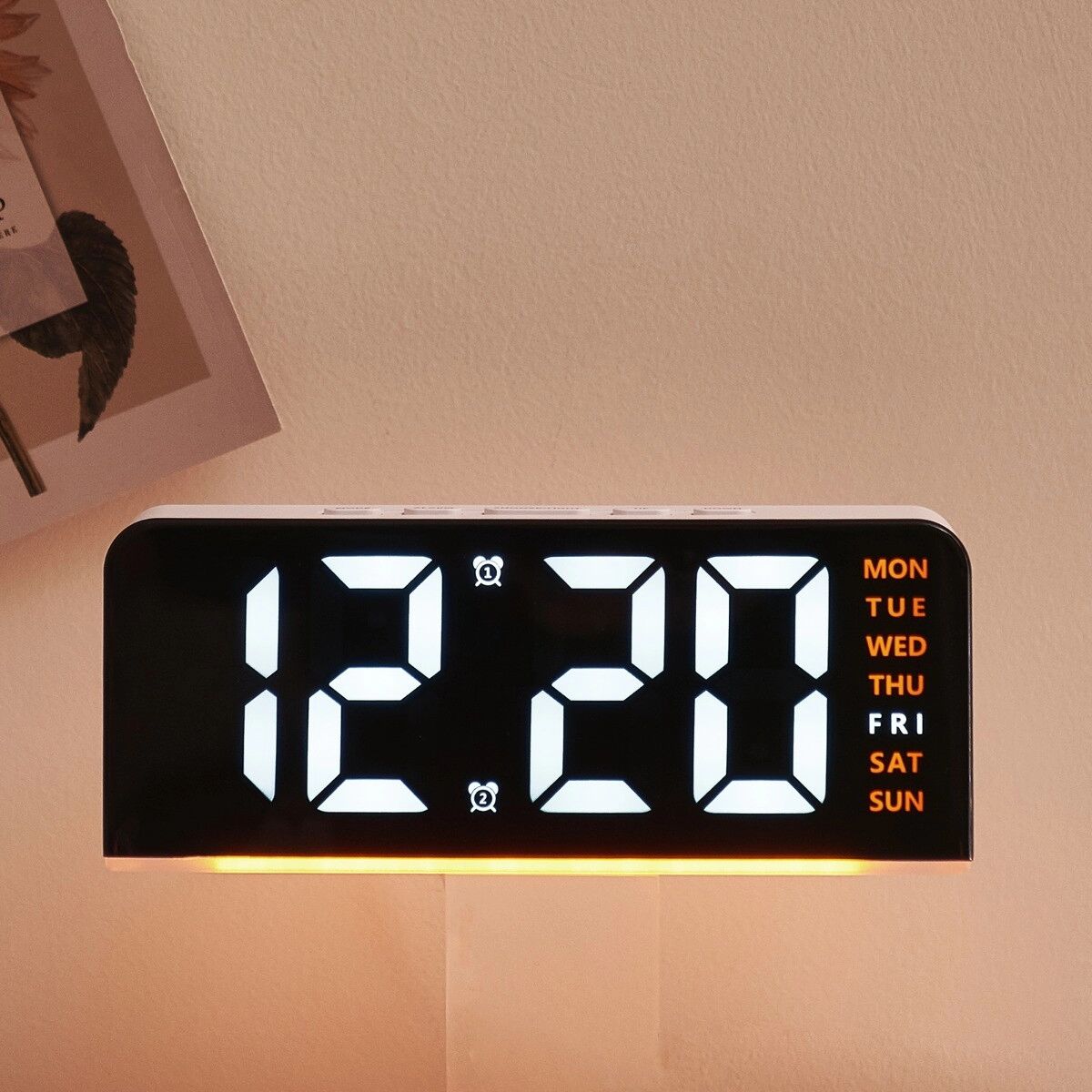 INF Réveil numérique LED avec calendrier perpétuel, alarme, veilleuse et éclairage d'ambiance