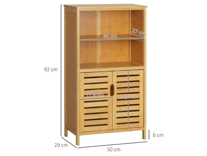 kleankin Armoire de salle de bain en bambou Armoire basse avec portes à lamelles anti-basculement de style campagnard armoire