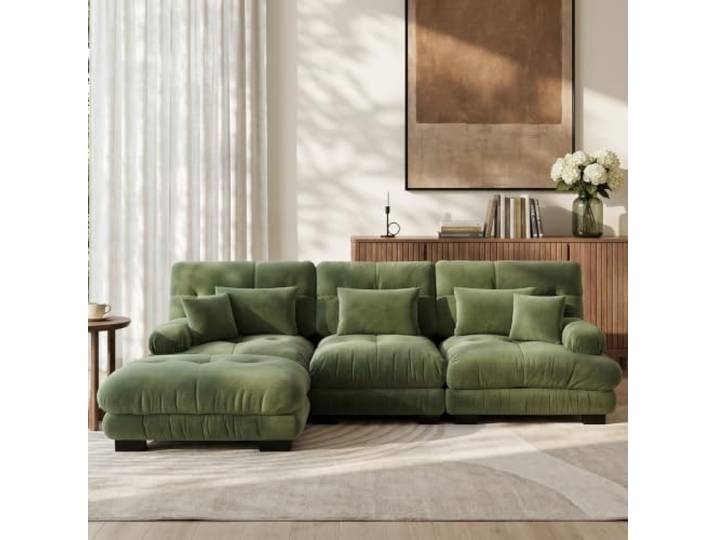 SoarTalent Modulsofa 3-Sitzer 313 cm mit 1 Hocker, Modular in L-Form, Chenille-Stoff, Holzgestell, Grün