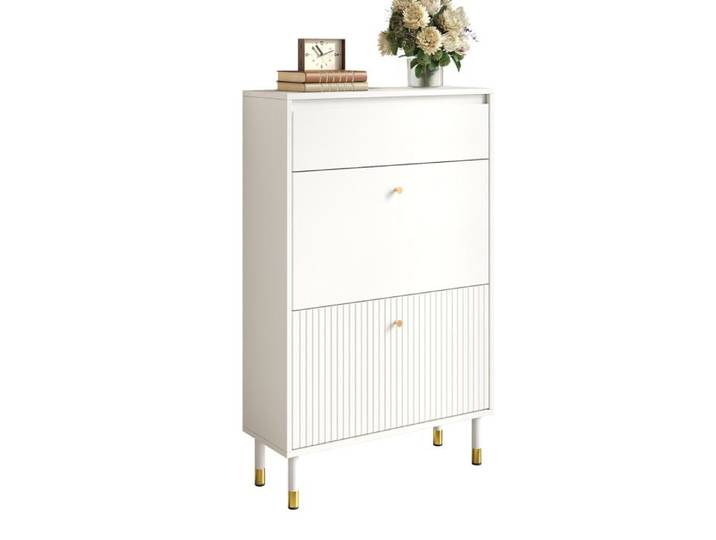 Petites entrées et couloirs étroits meuble à chaussures blanc avec tiroir façade rainurée et pieds en métal