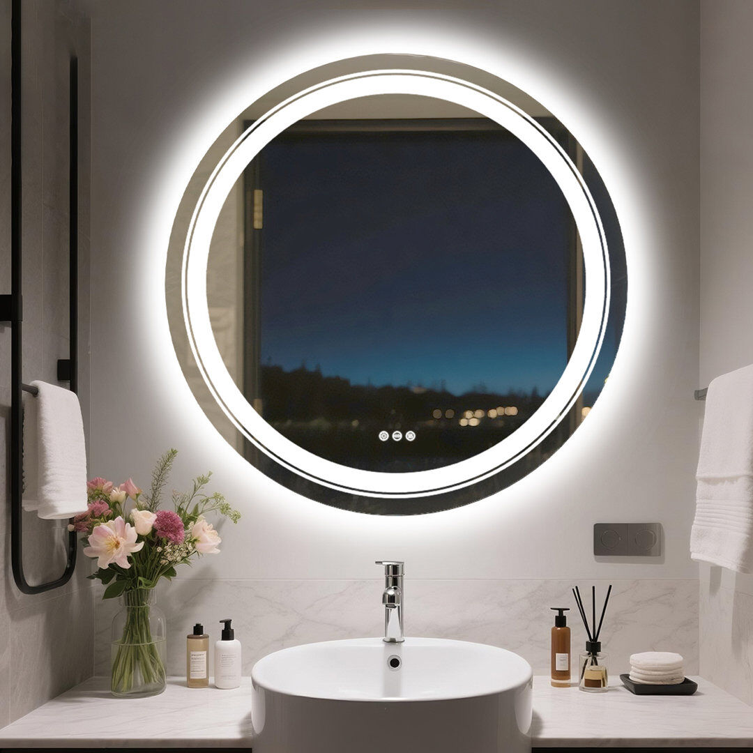 Metro Illuminated Round Bathroom Mirror With Led Lights 90cm H x 90cm W