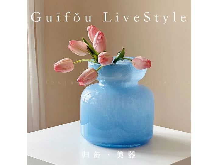 Vase vitré bleu ensoleillé, art nordique français, vase en verre vitré, articles de fleurs, ornement doux