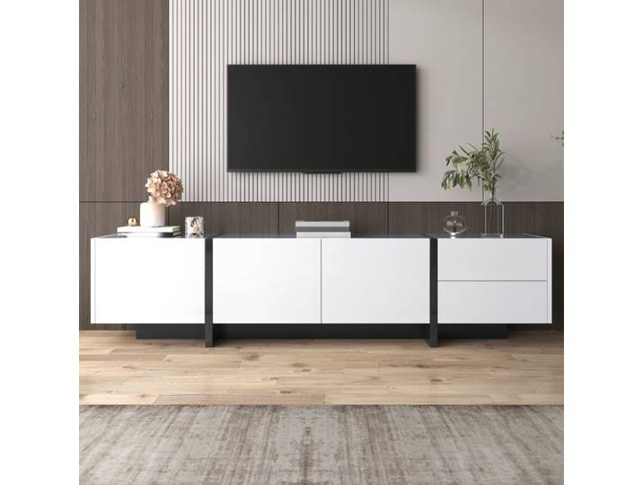 Meuble TV - KOMHTOM - 190x35x45 cm - Blanc brillant et noir - 3 portes & 2 tiroirs - Pour grand écran