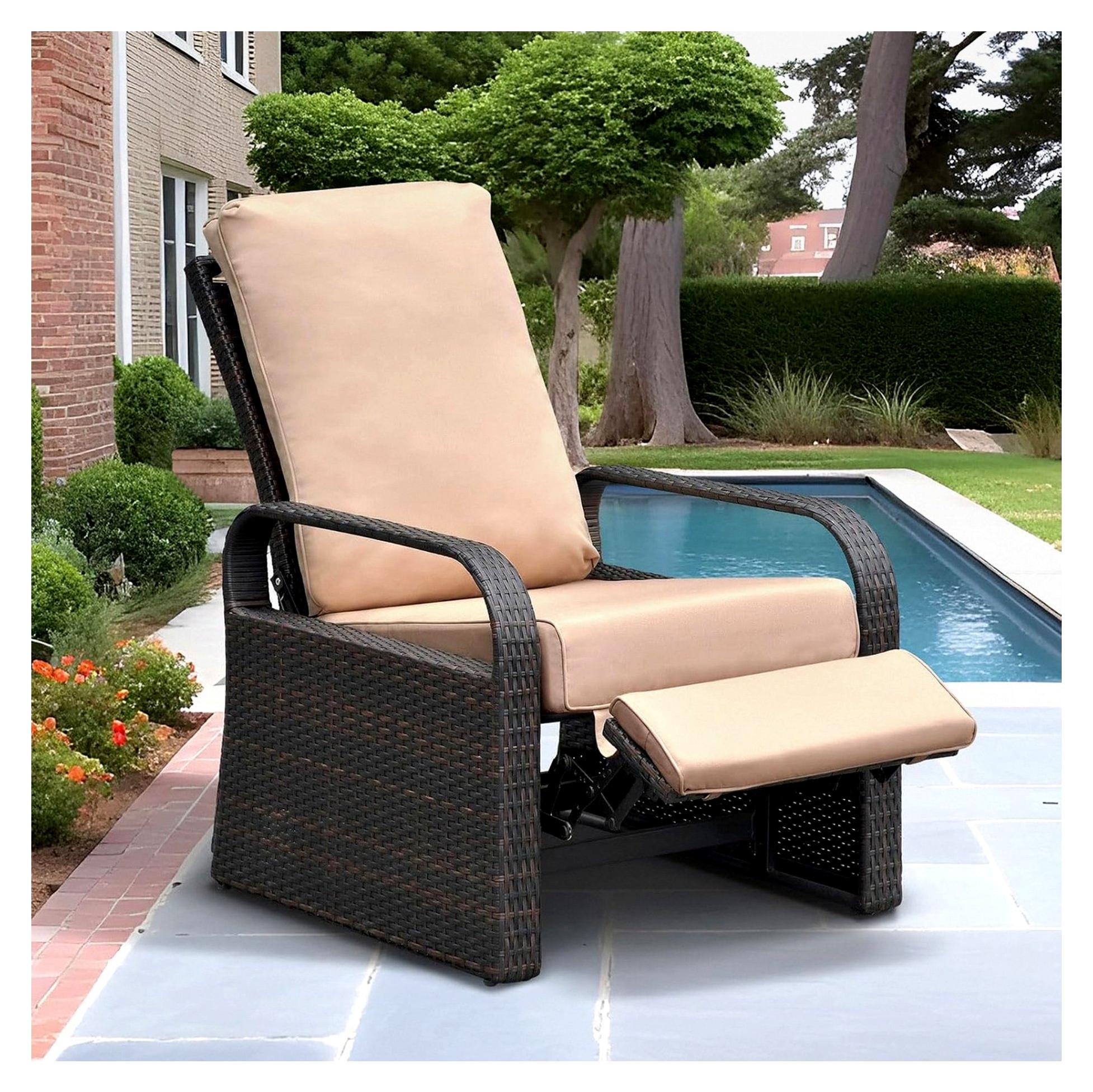 ATR Outdoor Rattan Liegestuhl mit Kissen, verstellbares Rattan Sofa für den Außenbereich, UV-/Farb-/Wasser-/Schweiß-/Rostbeständig, MEHRWEG (Braunes Rattan + Khaki Kissen)