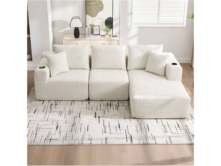JOINERY Canapé Angle Modulable 3 Places Méridienne Droite Mémoire De Forme Chenille Beige Porte Gobelet Sans Montage Salon