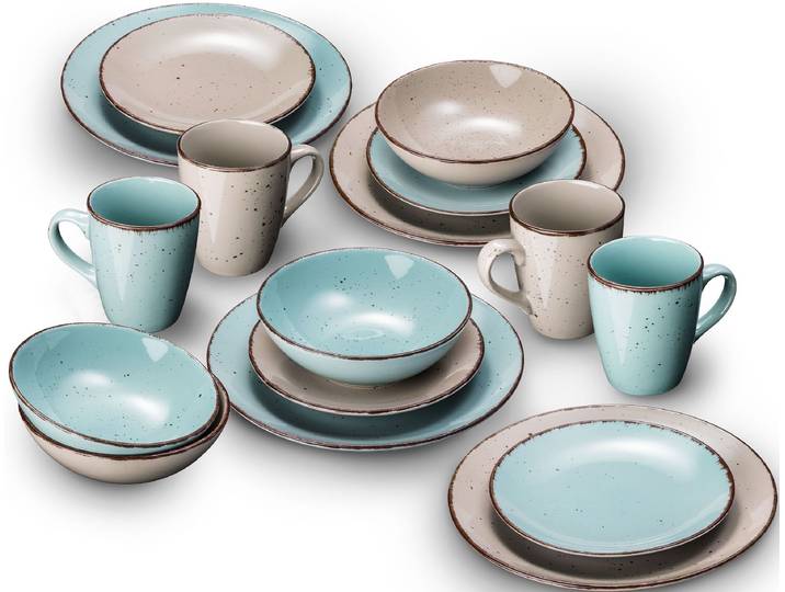 Kombiservice ARTE VIVA Geschirr-Set, Service Puro , blau (türkis, beige), 16 Stk., Steinzeug, Geschirr-Sets, Kombiservice, vom Sternekoch Thomas Wohlfarter empfohlen, 16 Teile, für 4 Personen