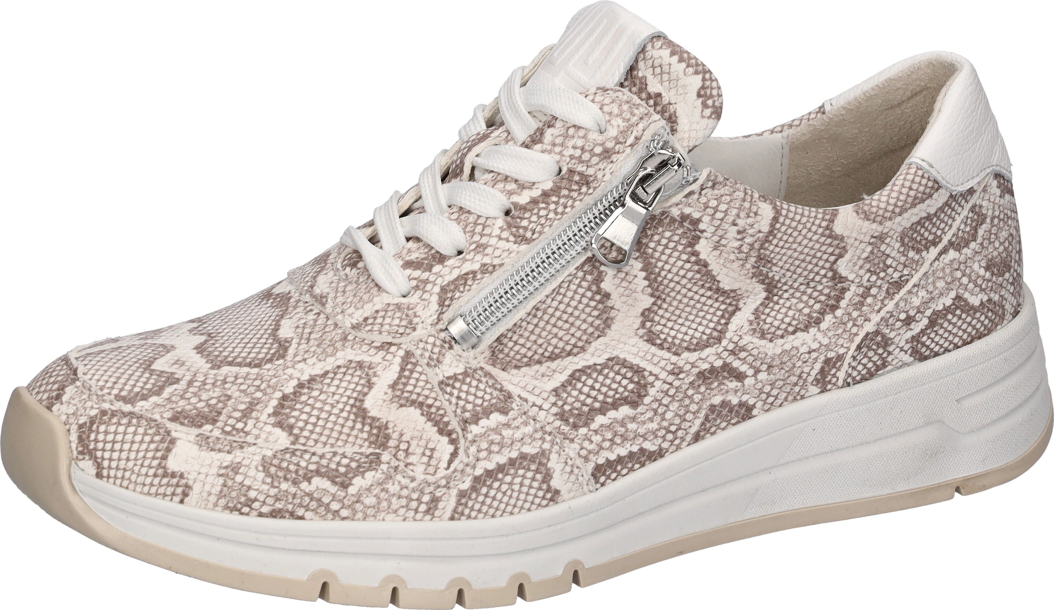 Sneaker WALDLÄUFER, Damen, Gr. 6,5, hellbeige, weiß, animal, Nappaleder, Nubukleder, Reptilienprägung, Schuhe Sneaker, Schnürschuh, Halbschuh, Freizeitsneaker mit Reissverschluss hellbeige, weiß, animal 6,5