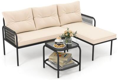 Costway 3-Piece L Shaped Patio Furniture Set PE Rattan Sectional Sofas-Beige