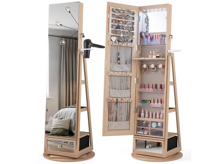 Costway Armoire À Bijoux Avec Miroir Sur Pieds\, Pivotant 360° (naturel)