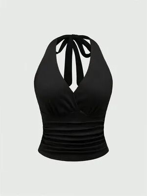 Daily Discovery Women's Halter Crop Top Backless Y2K Ruched Summer Going Out Top black m