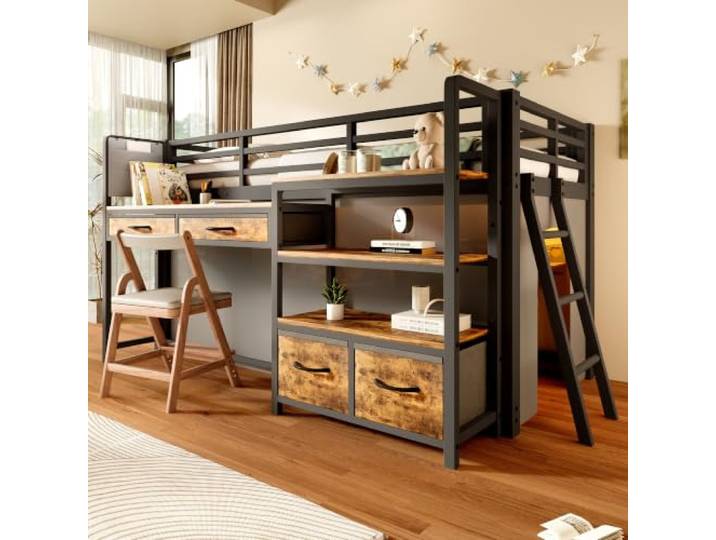 Metallbett Hochbett 90x200 mit LED-Licht & Schreibtisch & Vorhang, Schwarz Multifunktionales Kinderbett Jugendbett mit LED-Beleuchtung, Schreibtisch, Stoffschubladen, Vorhang und Regal, Ohne Matratze