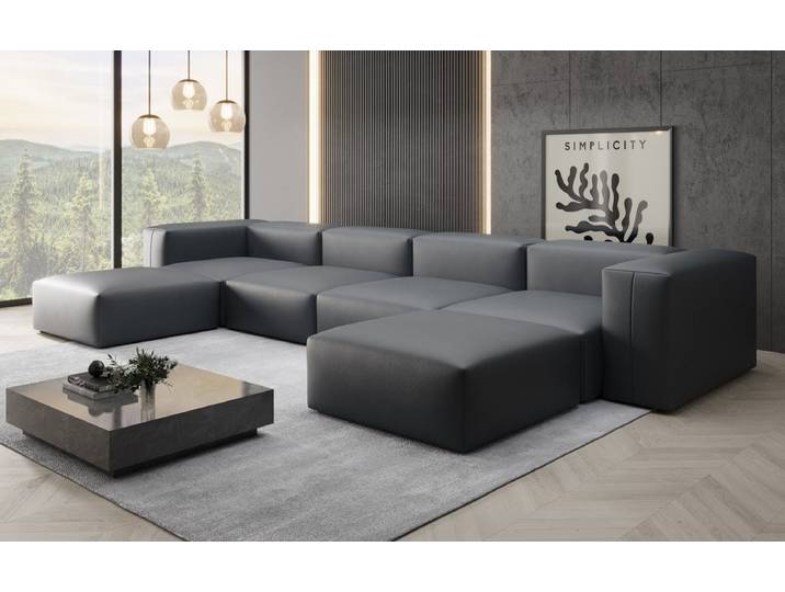 Designer U Sofa Snug in Echtleder - Blau - Luxusbetten24