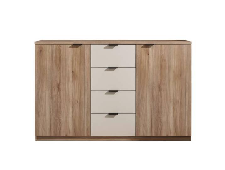 Lomadox Schlafzimmer-Kommode 140 cm Breite in Eiche mit Kaschmir, 4 Schubladen & 2 Türen Softclose-Funktion Schubladenkommode Kommodenschrank