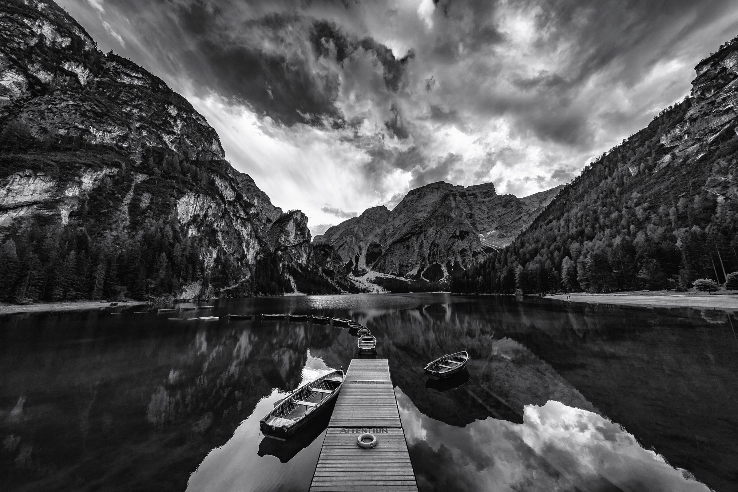 Fototapete PAPERMOON "Photo-Art MARCO TAGLIARINO, BRAIES 'GRAUSTUFEN'", bunt, B:3,5m L:2,6m, Vlies, Tapeten, Fototapete bunt B/L: 3,5m x 2,6m, Bahnen: 7 Stk.