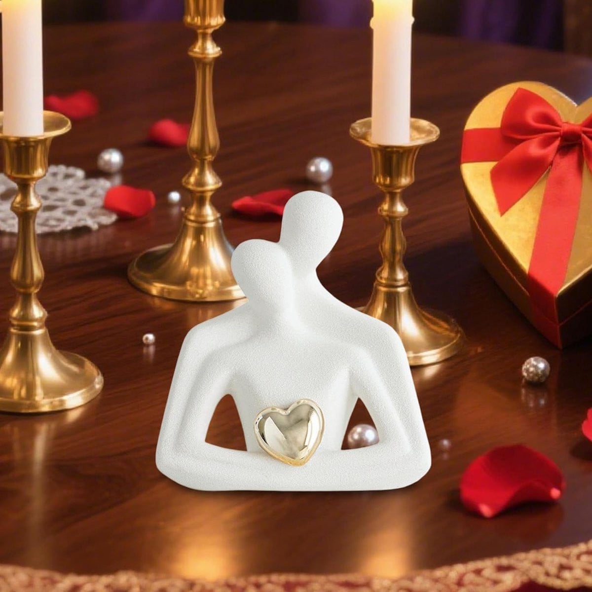 Wit Keramisch Koppel Beeldje met Abstracte Figuren voor Woonkamer Decoratie, Hoogte: 12 cm