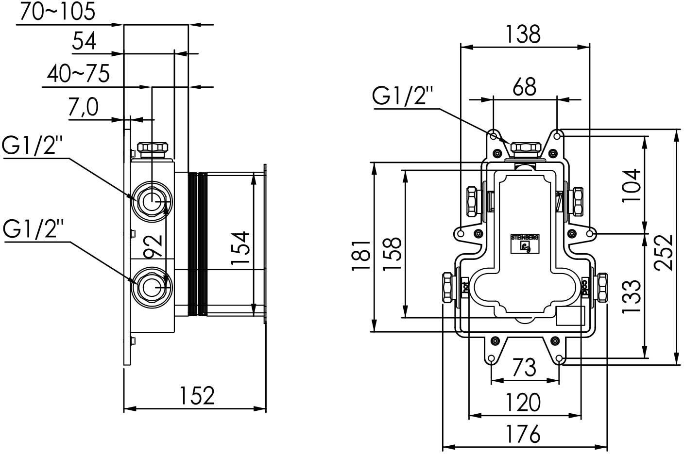 Steinberg Einbaukörper für Brausethermostat mit 3-Wege-Umsteller UP