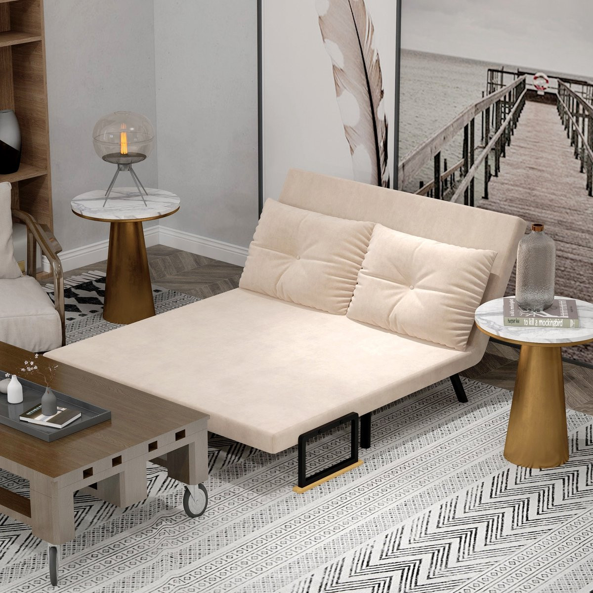 MODFU Slaapfauteuil met verstelbare rugleuning en bedfunctie, beige, B: 102 cm, D: 73 cm, H: 81 cm